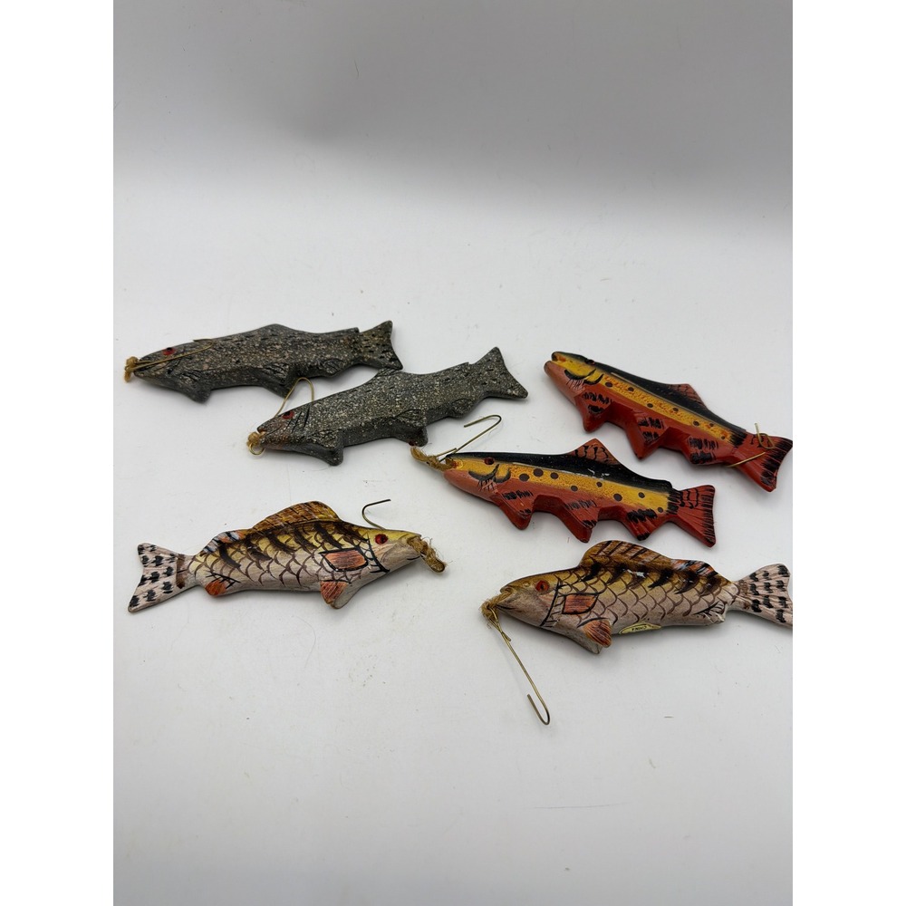 Vintage Hand Painted Wooden Fish Ornaments Set of 6 Rustic Cabin Lodge Decor
